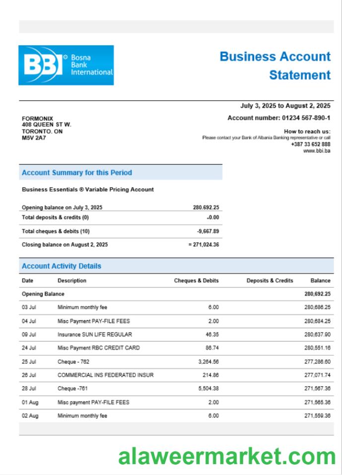 Bosna Bank firm account statement Word and PDF format